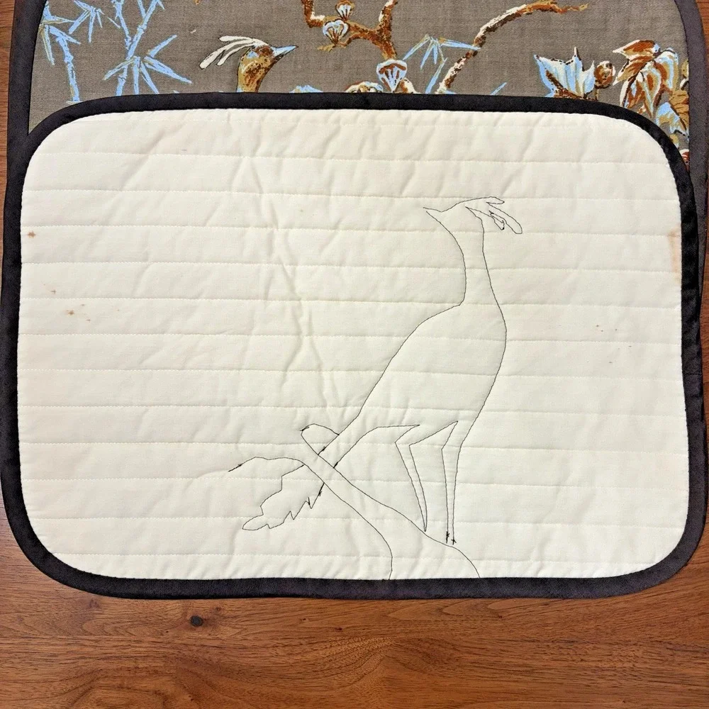 Vintage 70s Quilted Placemats Set of 7 Peacock Brown Asian Chinoiserie Fabric